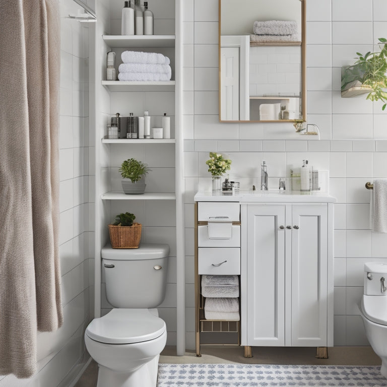 A cluttered small bathroom with toiletries scattered everywhere, contrasted with a sleek, organized version featuring a wall-mounted cabinet, pedestal sink with storage, and a shower caddy.