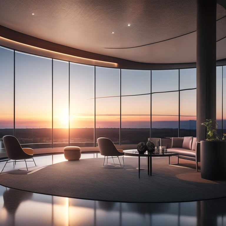 A sleek, modern hotel lobby with a prominent, circular reception desk, surrounded by energy-efficient LED lights and a large, floor-to-ceiling window showcasing a sunset.