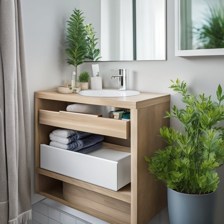 A sleek, modern bathroom drawer unit in a tight corner, featuring multiple organized compartments, soft-close drawers, and a minimalist design. Surrounding decor includes plants, candles, and stylish toiletries, emphasizing space efficiency.