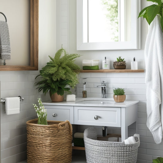 A clutter-free bathroom countertop with a compact cabinet, a minimalist mirror, and a few strategically placed storage baskets, surrounded by a few toiletry items and a small potted plant.