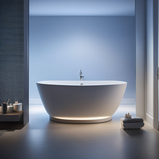 A serene bathroom scene: a freestanding tub snug against a wall, surrounded by sleek flooring, minimalist decor, and a subtle LED light strip beneath the tub's curved edge.