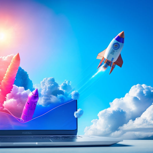 An illustration of a rocket ship blasting off from a laptop, surrounded by rising graphs and sparkling SEO keywords, set against a bright blue sky with fluffy white clouds.