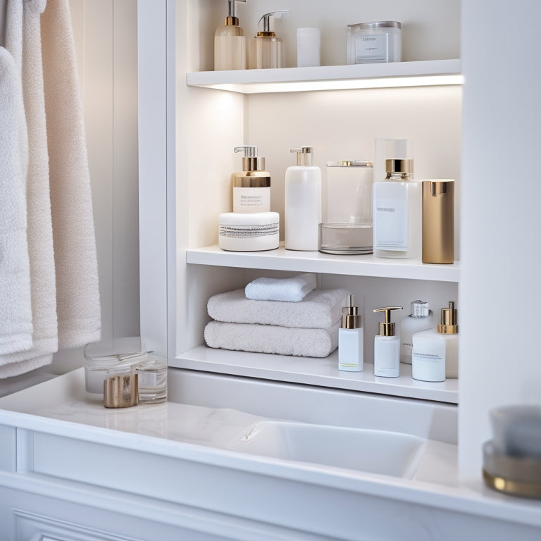 A tidy, white bathroom cabinet with adjustable drawer inserts, showcasing tiered storage for toiletries, skincare products, and cosmetics, with a subtle marble countertop and soft, warm lighting.