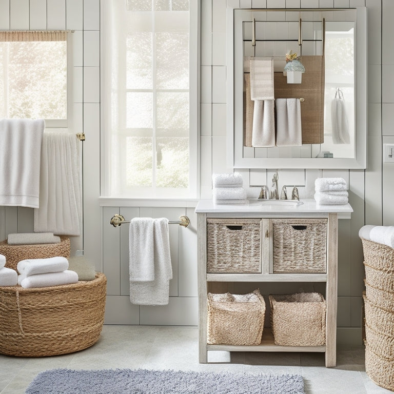 A serene, spa-inspired bathroom with a variety of countertop storage solutions: woven baskets, glass jars, and a wooden cabinet, all filled with rolled towels and linens in soft, calming hues.