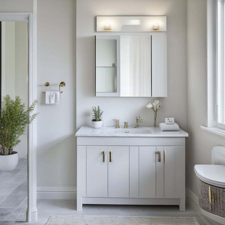 A serene, minimalist bathroom with a compact, wall-mounted vanity featuring a recessed cabinet, a pedestal sink, and a mirrored medicine cabinet, surrounded by calming white and gray tones.