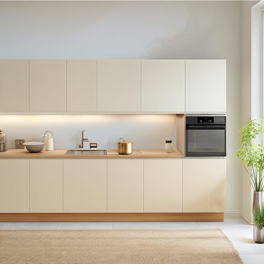 A modern, white, minimalist kitchen with a mounted cabinet design featuring clean lines, sleek handles, and a subtle contrast between the upper and lower cabinets, set against a soft, warm beige background.