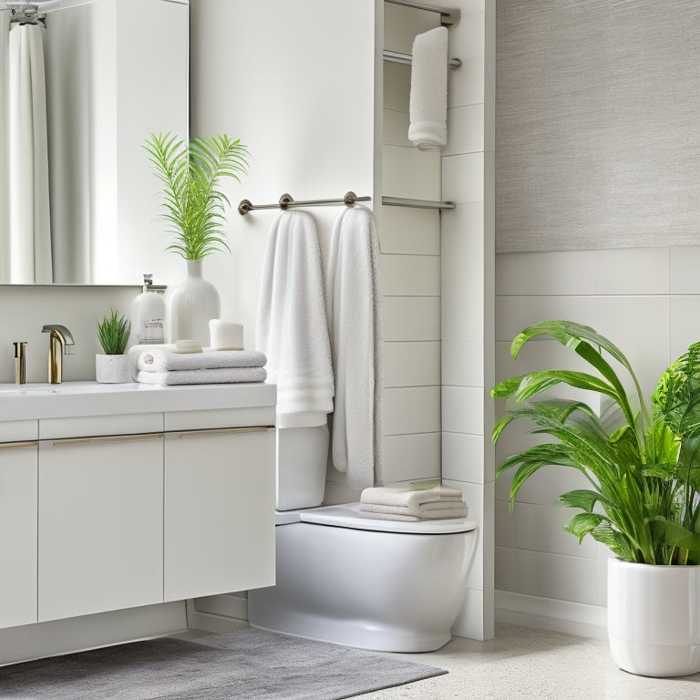 A modern bathroom with a clean-lined vanity, surrounded by sleek, white corner shelf units, holding rolled towels, a potted orchid, and a few decorative bottles, against a soft, light gray background.