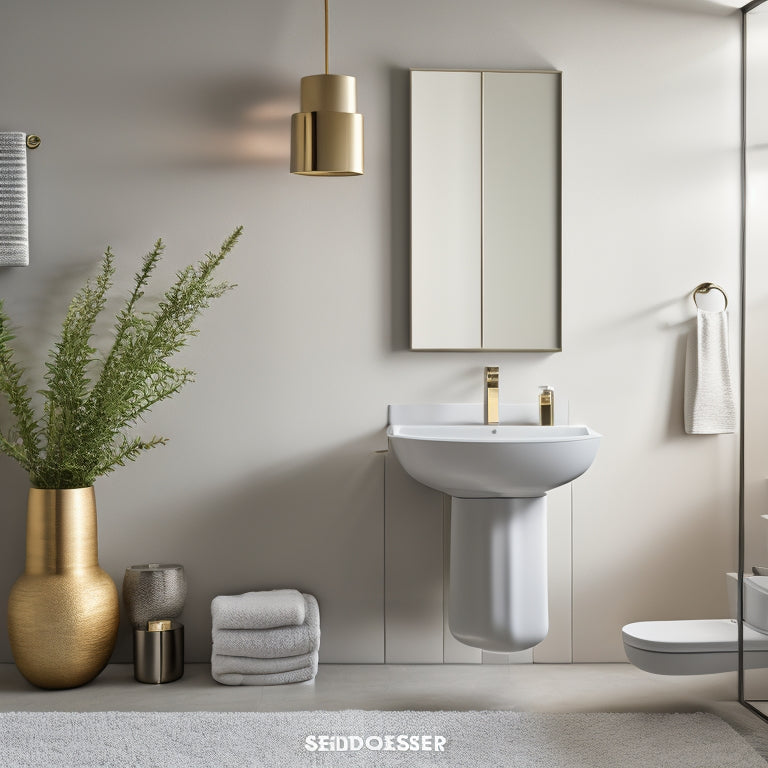 A stylized, modern bathroom setting with sleek fixtures, featuring a subtle Smedbo logo on a towel rack, surrounded by elegant, minimalist decor and a soft, calming color palette.