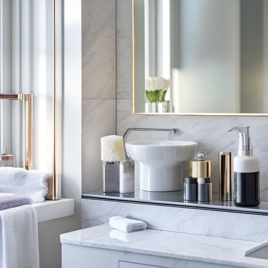 A sleek, modern bathroom with a white marble countertop, featuring three chrome shelves of varying heights, holding a minimalist arrangement of luxurious toiletries and decorative accents.