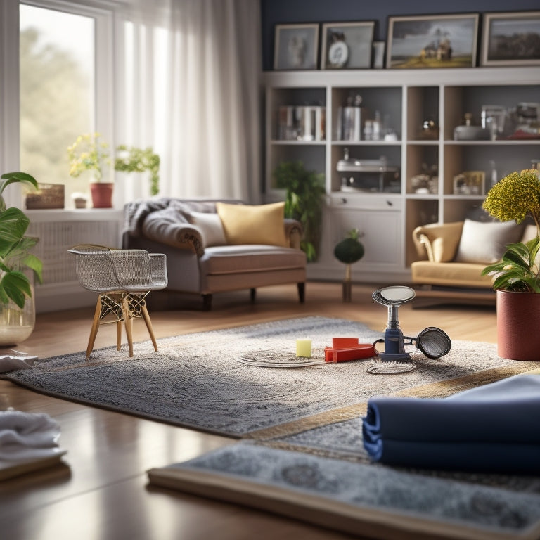 A sparkling clean living room with a magnifying glass hovering over a clipboard, surrounded by cleaning supplies and a faint outline of a house in the background.