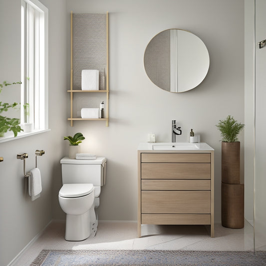 A minimalist bathroom with a pedestal sink, featuring a wall-mounted cabinet with a mirrored door, a floating shelf below the sink, and a woven storage basket tucked beside the toilet.