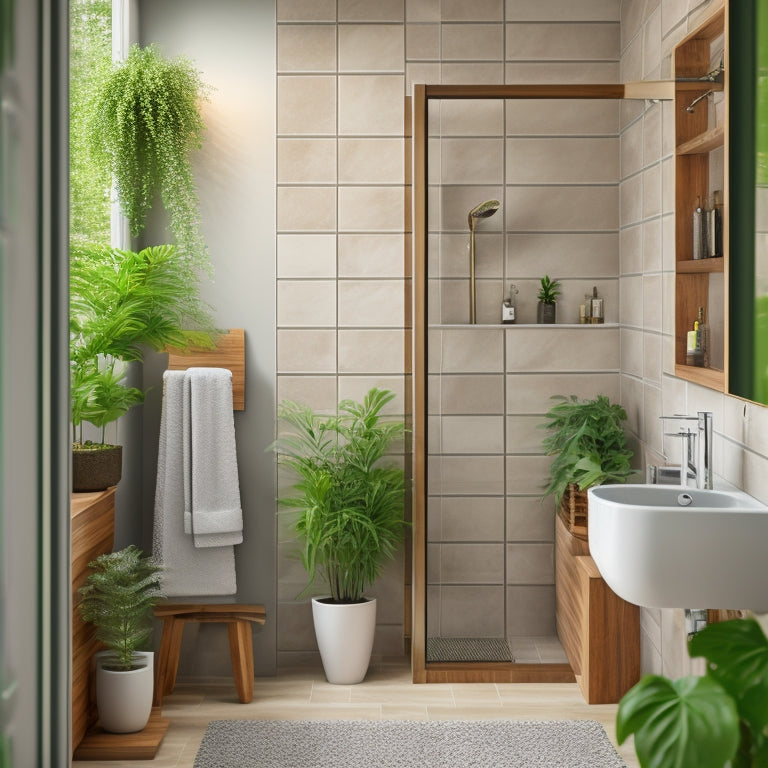 A serene bathroom scene featuring a sleek, modern shower with a wooden corner shelf, adorned with lush greenery and a few decorative bottles, against a calming gray tile backdrop.