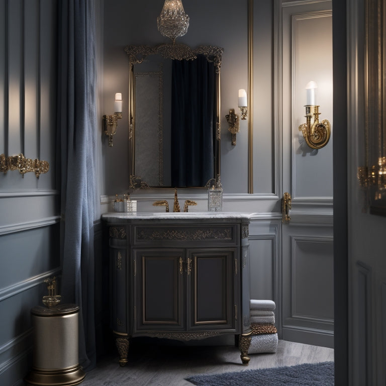 A luxurious bathroom with marble countertops, featuring a freestanding cabinet with ornate metal hardware, subtly hiding a secret compartment behind a sliding mirror door, surrounded by candlelit ambiance.