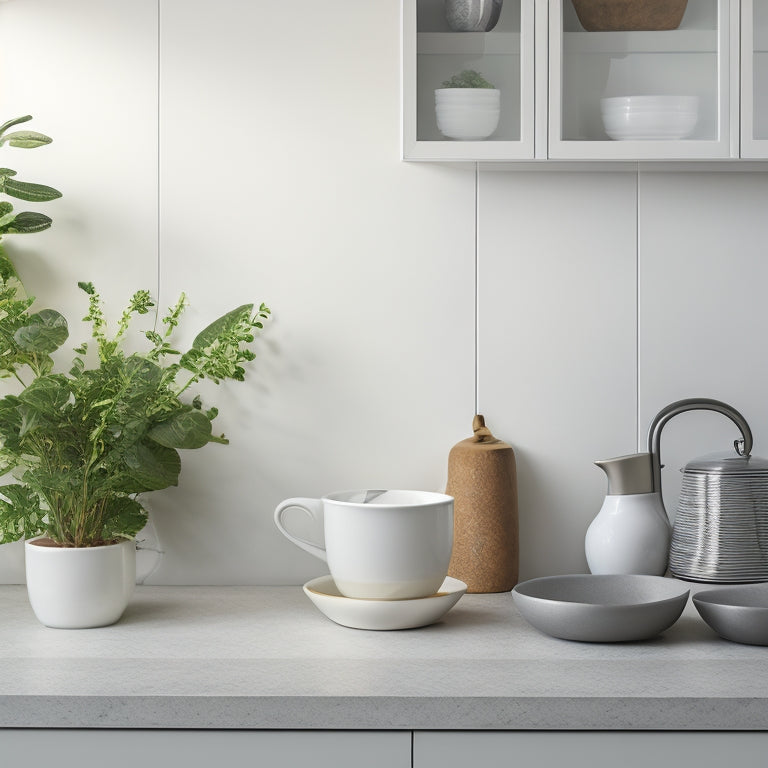 A serene, minimalist kitchen countertop with a few, carefully placed, sleek, and modern appliances, a small potted plant, and a single, elegant, white coffee mug, all set against a warm, light-gray stone background.