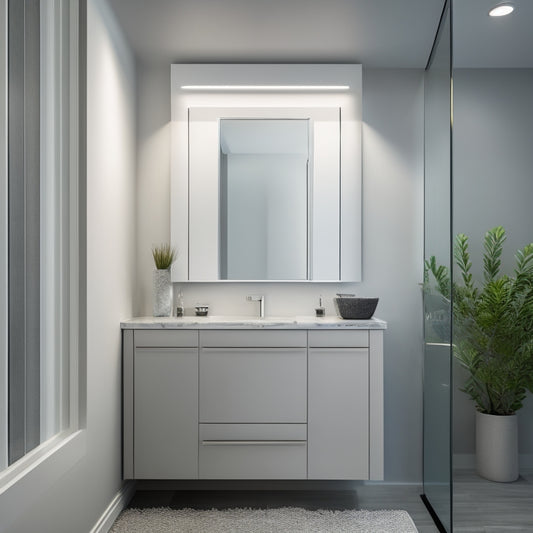 A modern bathroom with a large, wall-mounted, white medicine cabinet featuring soft-close doors, chrome hardware, and ambient LED lighting, surrounded by sleek, gray countertops and a decorative mirror.