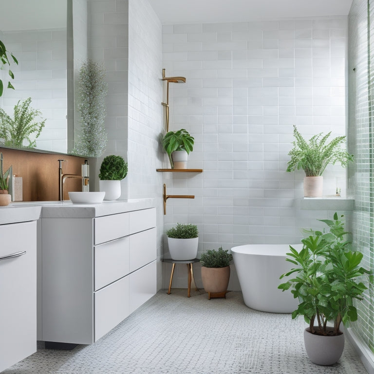 A modern bathroom with sleek, white fixtures, a freestanding tub, and large, gray tiles, surrounded by a subtle, mosaic accent wall, with a minimalist, chrome faucet and a lush, green potted plant.