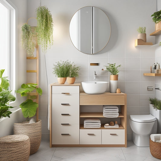 A tidy, modern bathroom with a sleek, wall-mounted compact vanity featuring multiple drawers, shelves, and baskets, surrounded by a few toiletries and a small potted plant.