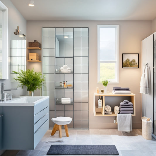 A sleek, modern bathroom with white walls, gray floor, and a large mirror above a sink, featuring various wall-mounted storage units, including a ladder shelf, a medicine cabinet, and a towel rack.