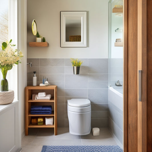 A sleek, modern bathroom with a compact toilet, surrounded by clever storage solutions: a pedestal sink with built-in shelves, a mirrored cabinet above, and a wicker basket tucked behind the toilet.