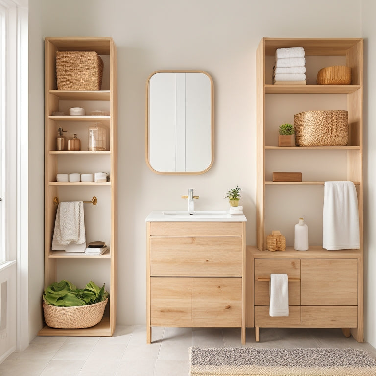A minimalist bathroom with a wall-mounted wooden cabinet featuring removable storage bins, a pedestal sink with a slide-out drawer, and a floor-to-ceiling shelving unit with woven baskets.