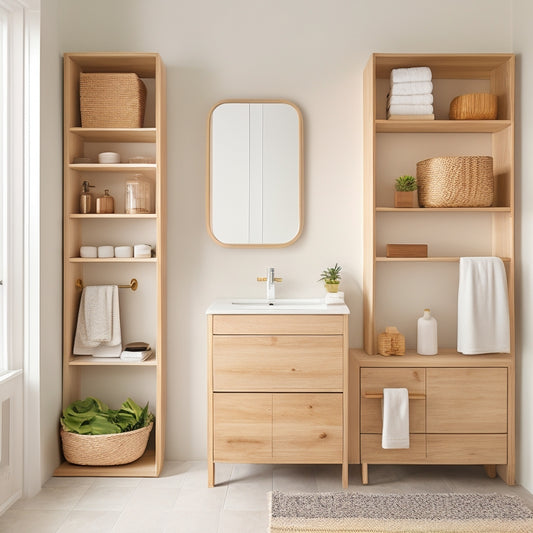A minimalist bathroom with a wall-mounted wooden cabinet featuring removable storage bins, a pedestal sink with a slide-out drawer, and a floor-to-ceiling shelving unit with woven baskets.