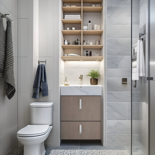 A sleek, modern small bathroom showcasing a rotating storage unit filled with neatly organized toiletries and towels, surrounded by minimalist decor, soft lighting, and elegant tiles, emphasizing functionality and style in a compact space.