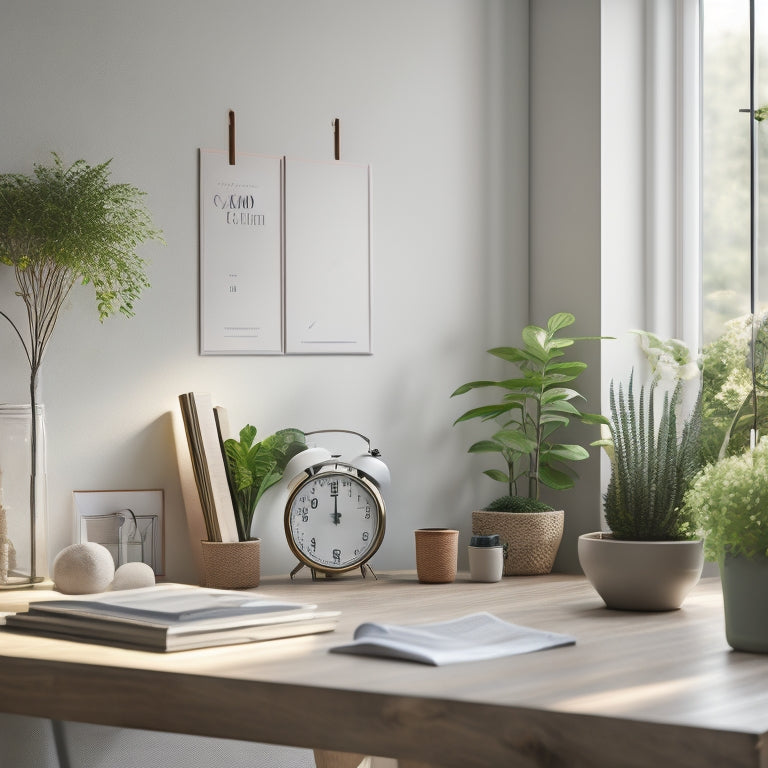 A serene, sunlit room with a minimalist aesthetic, featuring a tidy desk, a few carefully placed plants, and a faintly visible schedule on a corkboard, with a clock and a few cleaning supplies in the corner.