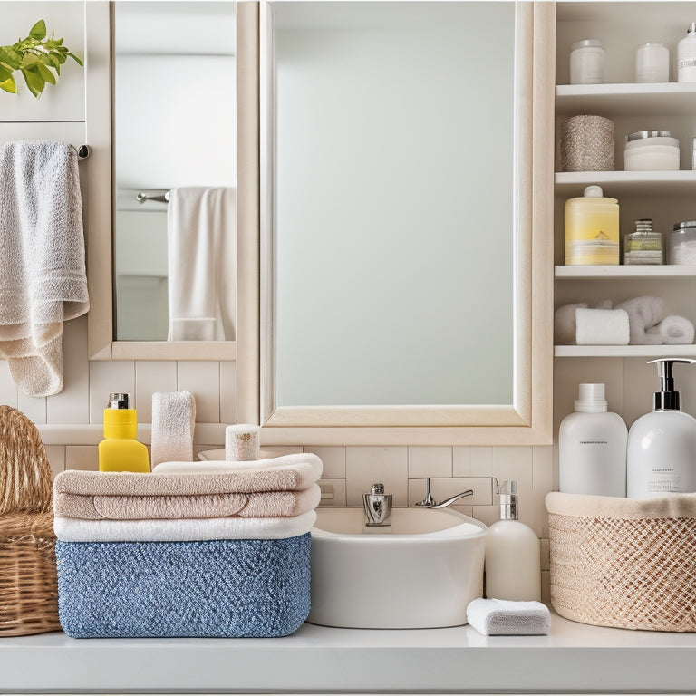 A cluttered bathroom countertop with scattered toiletries, towels, and hair accessories, transformed into an organized space with neatly arranged products, a small storage basket, and a few decorative items, against a clean white background.