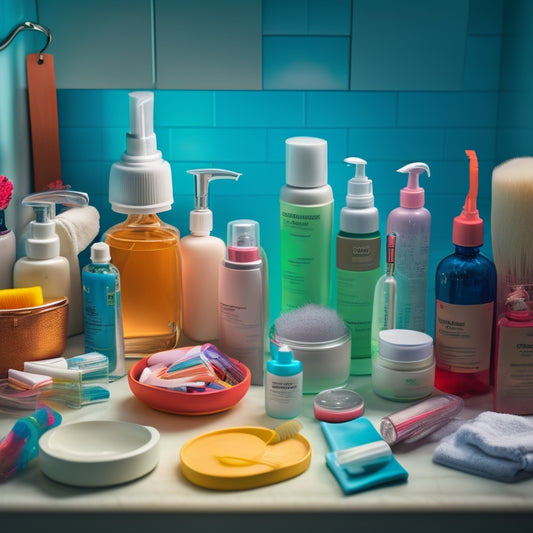 A cluttered bathroom countertop with various toiletries, cosmetics, and personal care items scattered chaotically, including a hair dryer, toothbrush, toothpaste, makeup bottles, and a messy tangle of cords.