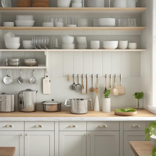 A serene, modern kitchen with a small, clutter-free countertop featuring a compact utensil organizer, a miniature spice rack, and a slide-out drawer, all in a calming, creamy color palette.