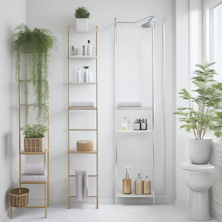 A minimalist bathroom with a cream-colored wall, featuring a 5-tier ladder shelf in polished chrome, holding various bathroom essentials, including toiletries, towels, and decorative plants.