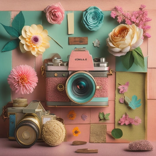 A whimsical, mixed-media collage featuring a vintage camera, torn paper strips, and 3D paper flowers in pastel hues, set against a distressed, wooden background with subtle, grid-like textures.