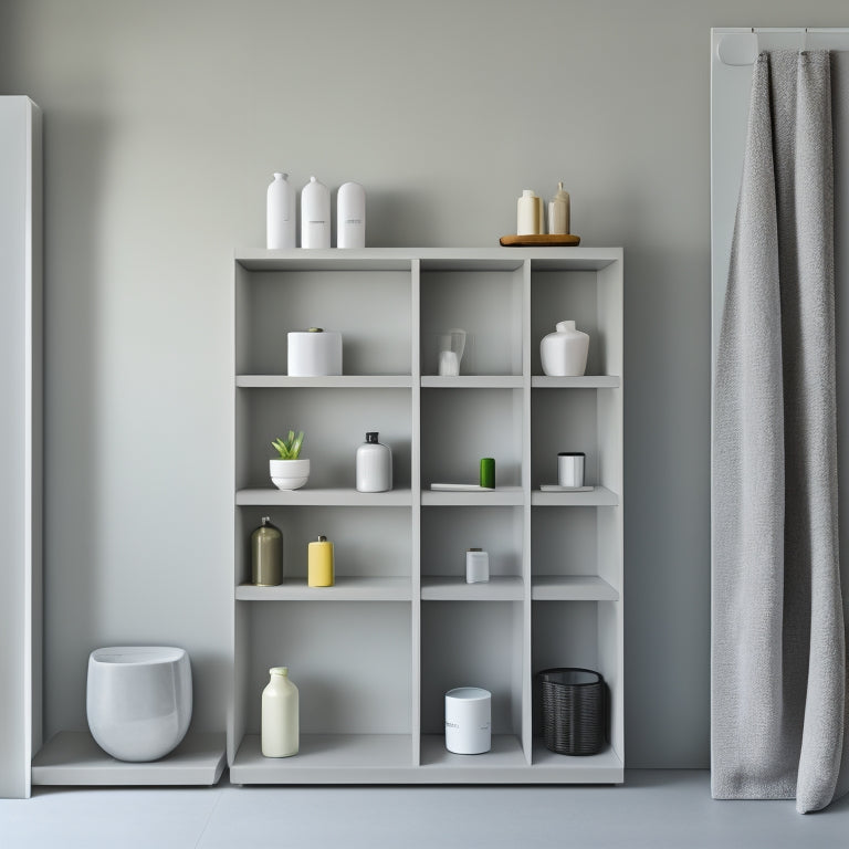 A minimalist bathroom with 10 sleek wall shelf units, each showcasing a unique design, material, and style, arranged in a harmonious collage against a soft, grey background.