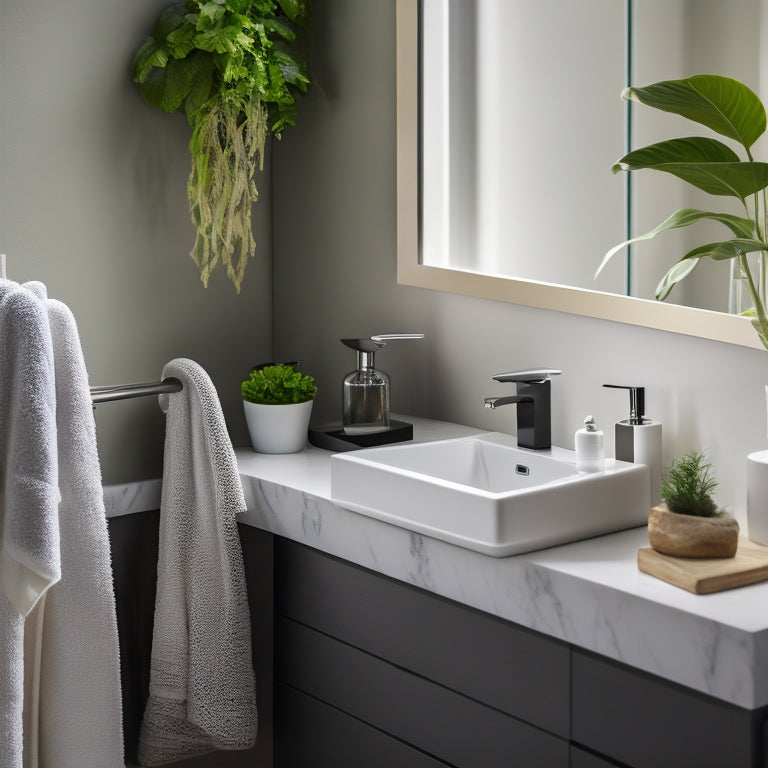 A sleek, modern bathroom counter with a built-in USB outlet, a slide-out drawer, a wall-mounted soap dispenser, and a decorative tray holding a few rolled towels and a small potted plant.