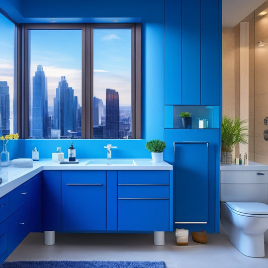 A modern bathroom with sleek, wall-mounted cabinets and drawers in a calming blue hue, surrounded by a subtle cityscape in the background, symbolizing growth and urbanization.