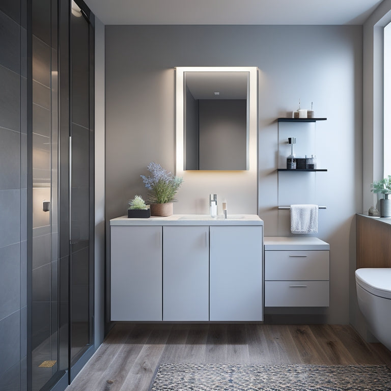 A modern bathroom with a large, wall-mounted mirror cabinet featuring soft-close doors and LED lighting, surrounded by sleek, grey countertops and a freestanding tub.