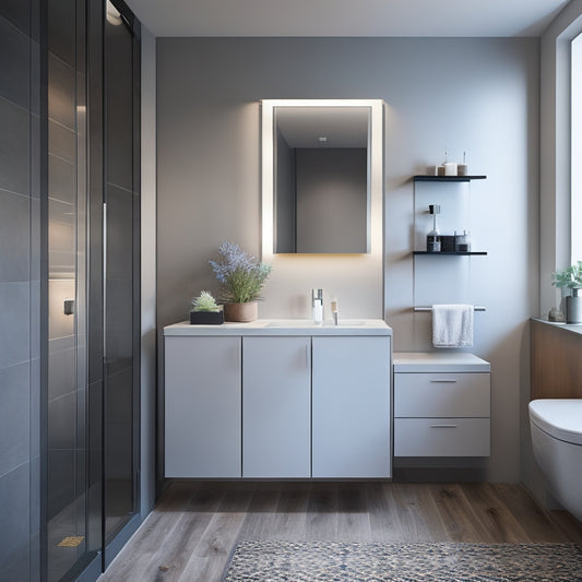 A modern bathroom with a large, wall-mounted mirror cabinet featuring soft-close doors and LED lighting, surrounded by sleek, grey countertops and a freestanding tub.