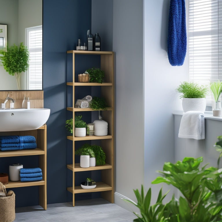 Create an image of a sleek, modern bathroom corner with elegant waterproof shelving units filled with colorful towels, bath products, and decorative plants, showcasing a serene, organized space with soft ambient lighting.