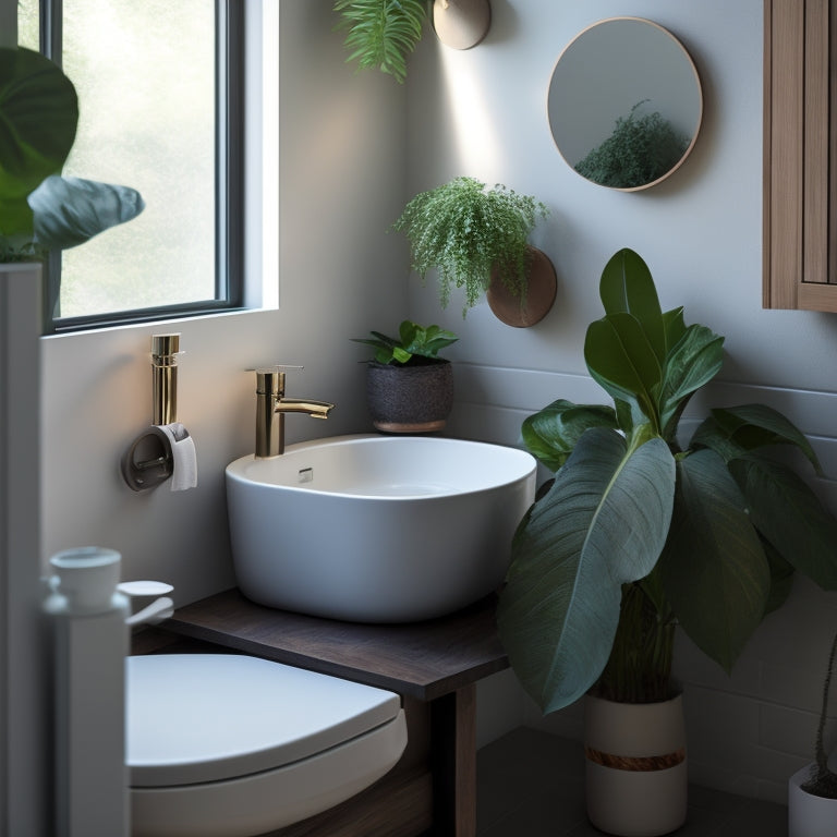 A sleek, modern compact vanity with a rounded sink and wall-mounted faucet, nestled in a cozy corner of a small, minimalist bathroom with soft, warm lighting and a few potted plants.