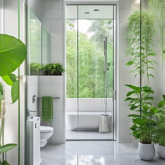 A serene, modern bathroom featuring a spacious walk-in shower with a sleek, rectangular niche adorned with gleaming chrome fixtures, surrounded by large, white marble tiles and lush green plants.