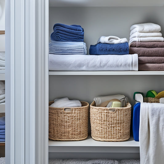 A tidy linen closet with neatly folded towels and linens, a smartphone on a shelf displaying a linen closet organization app, and a few storage baskets and bins with subtle hints of a messy closet in the background.