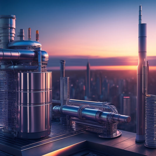 A futuristic HVAC system with sleek, silver pipes and gleaming metallic components, surrounded by holographic blueprints and 3D models, set against a cityscape background at dusk.
