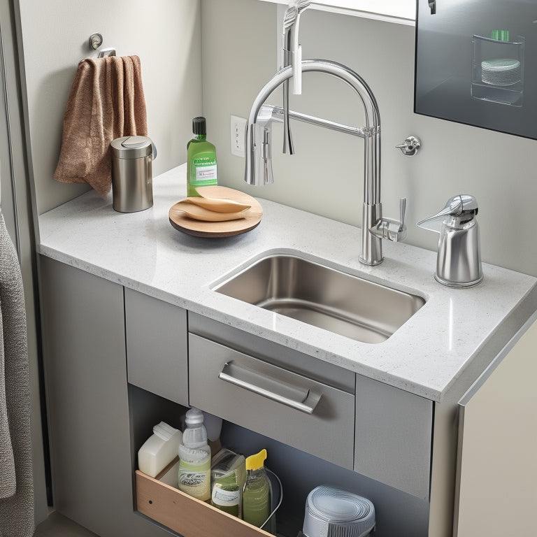 A tidy, modern kitchen sink area with a slide-out trash can, a built-in soap dispenser, and a vertical storage rack holding cleaning supplies and a sponge, all in a sleek, stainless steel design.