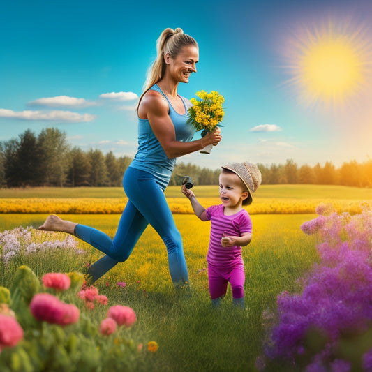 An illustration of a smiling, fit mid-30s woman in yoga pants, balancing a toddler on her hip, holding a dumbbell in one hand and a blooming flower in the other, set against a sunny Midwest landscape.