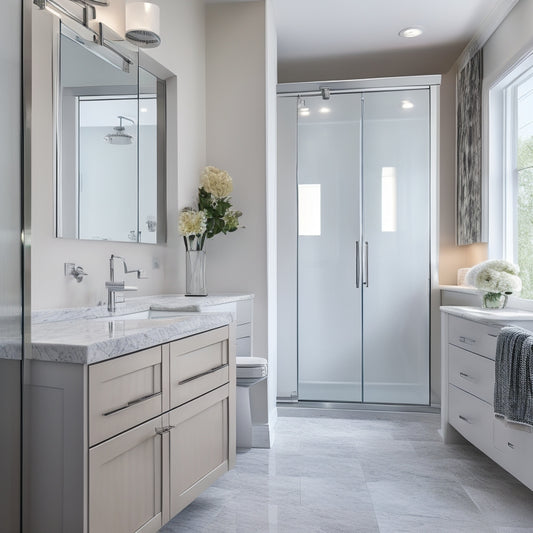 A sleek, modern bathroom with polished chrome fixtures, creamy marble countertops, and a floor-to-ceiling cabinet with frosted glass doors, showcasing organized storage for toiletries, towels, and personal care items.