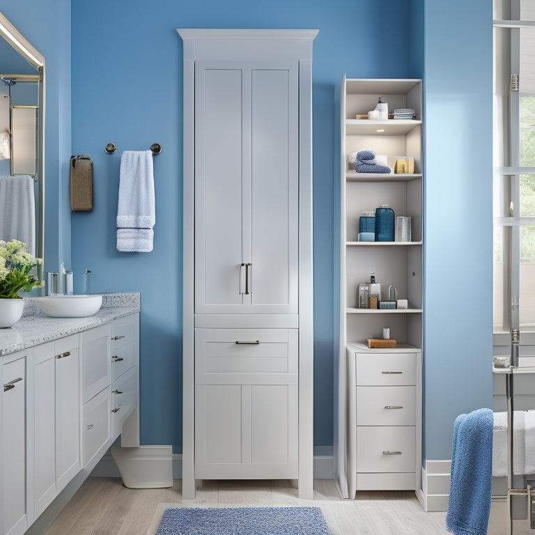 A modern bathroom with a wall-mounted cabinet featuring a mirrored door, a recessed medicine cabinet with a sliding mirror, and a ladder-style shelving unit holding towels and toiletries.