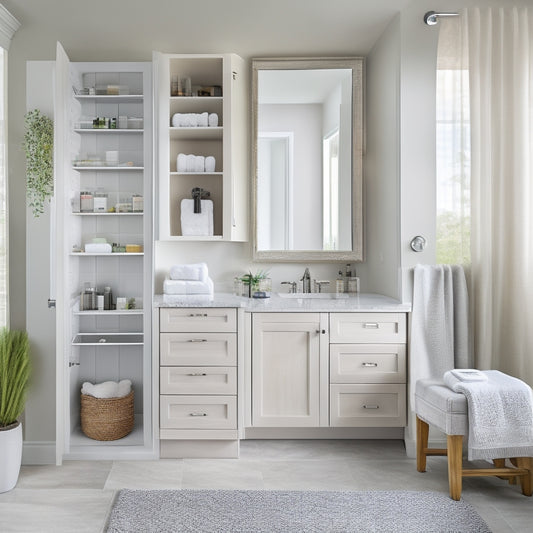 A serene, well-lit bathroom with a wall-mounted cabinet, sleek countertops, and a floor-to-ceiling storage unit, showcasing organized towels, toiletries, and beauty products in a harmonious, clutter-free space.