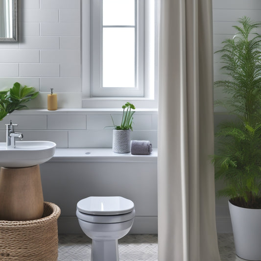 A serene small bathroom with a pedestal sink, a few rolled towels on a minimalist shelf, and a single potted plant on the edge of a clutter-free countertop.