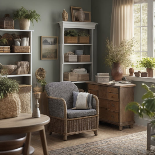 A serene, well-organized senior's living room with a comfortable armchair, a few sentimental decorations, and a minimalist storage system featuring labeled baskets, shelves, and a compact desk.