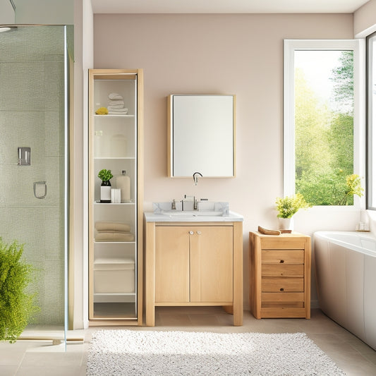 A serene, minimalist bathroom with a freestanding tub, featuring a sleek, wall-mounted cabinet with glass doors, a recessed shelf with woven baskets, and a floor-standing storage unit with a chrome handle.